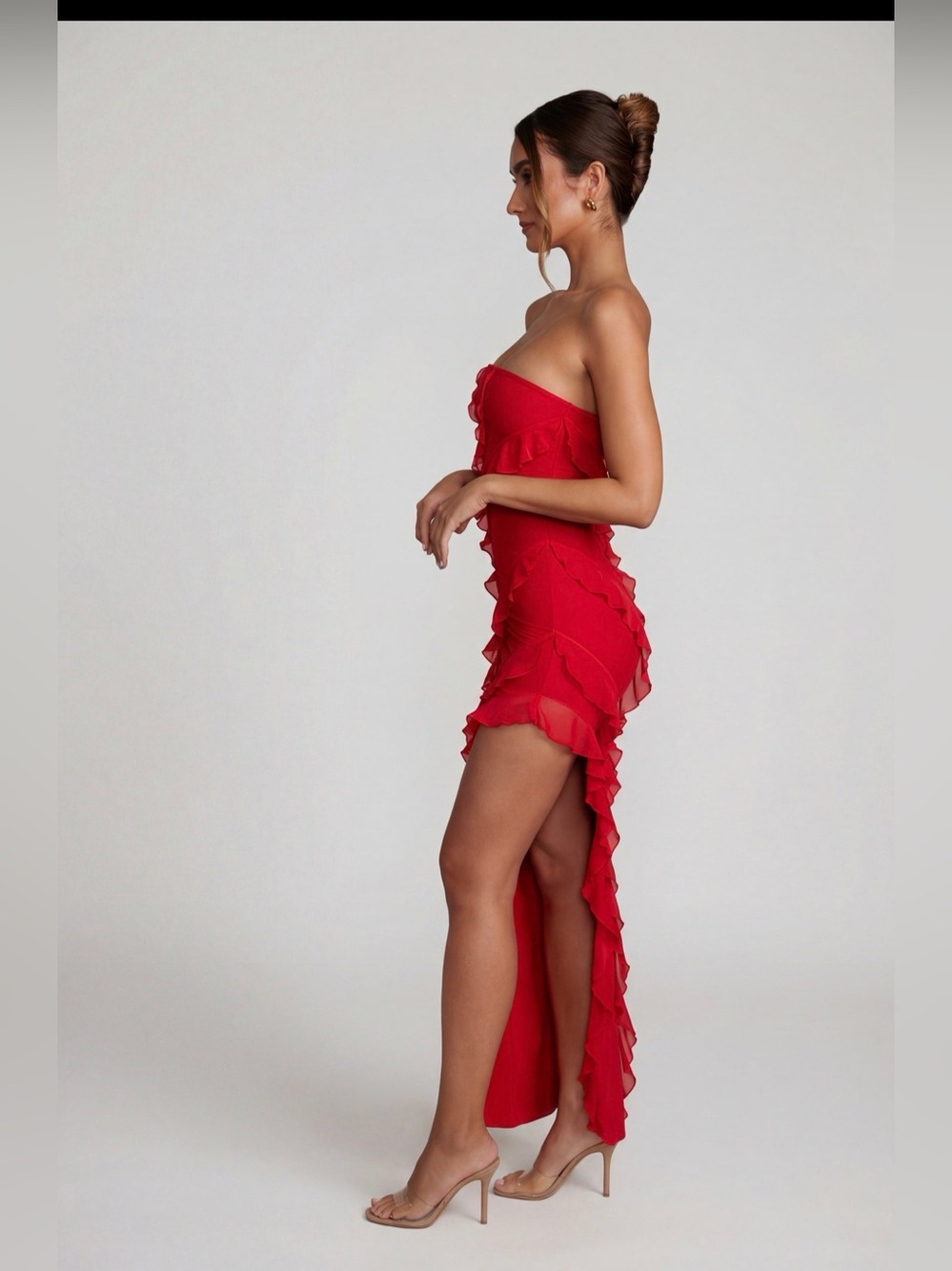 Oh Polly Nevali Bandeau Ruffle Detail Maxi Dress in Red - Picture 2 of 7